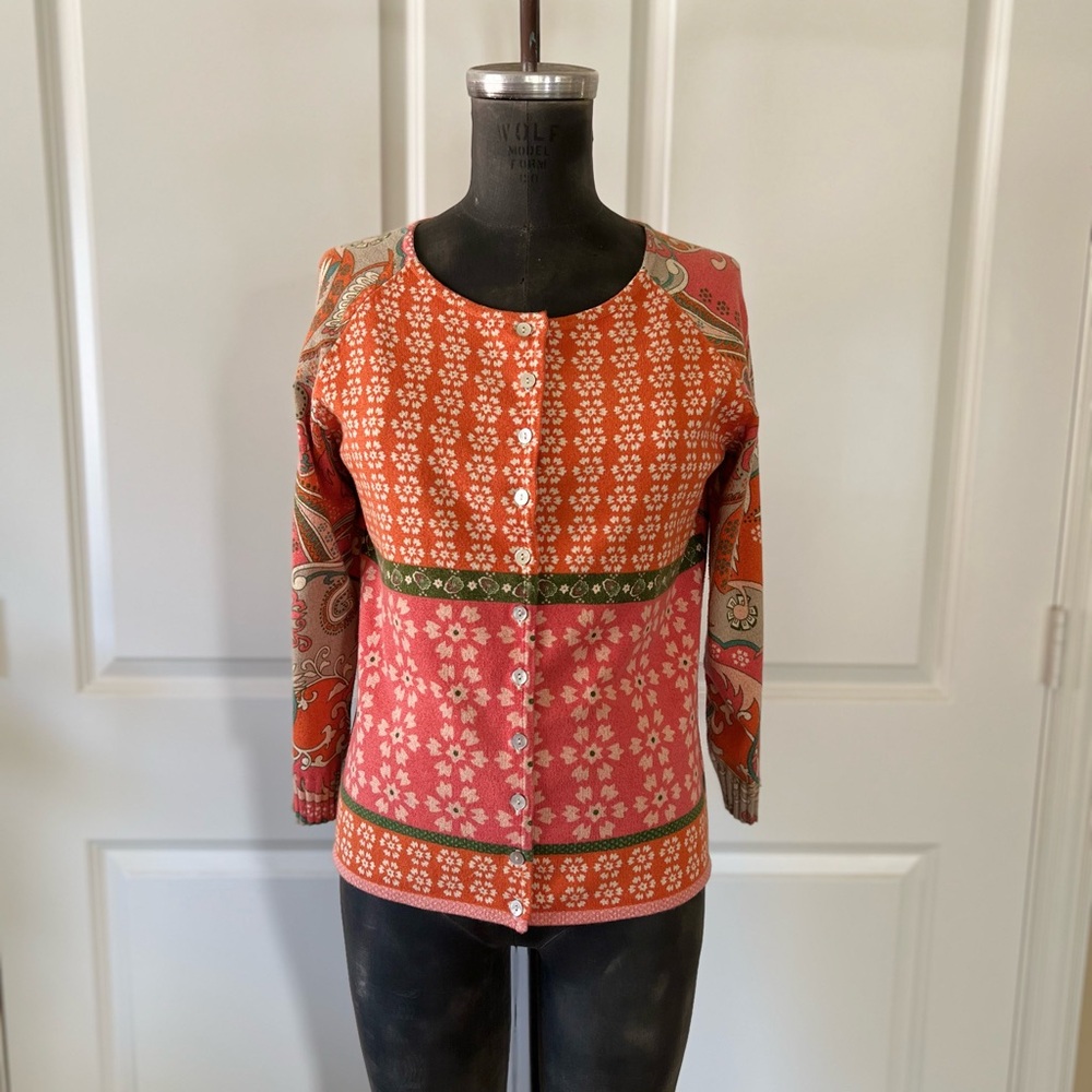 Susan Bristol Knit Sweater Metallic Yarn Floral Print Button Front Size M